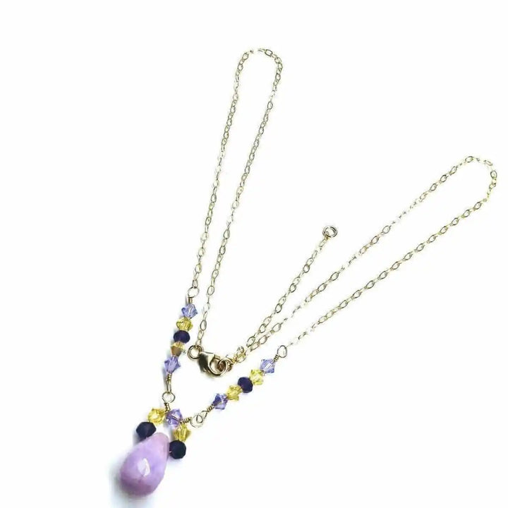 Lavender Candy Jade Drop Gold Wire Wrapped Necklace featuring a lavender-pink teardrop and Swarovski crystal accents.