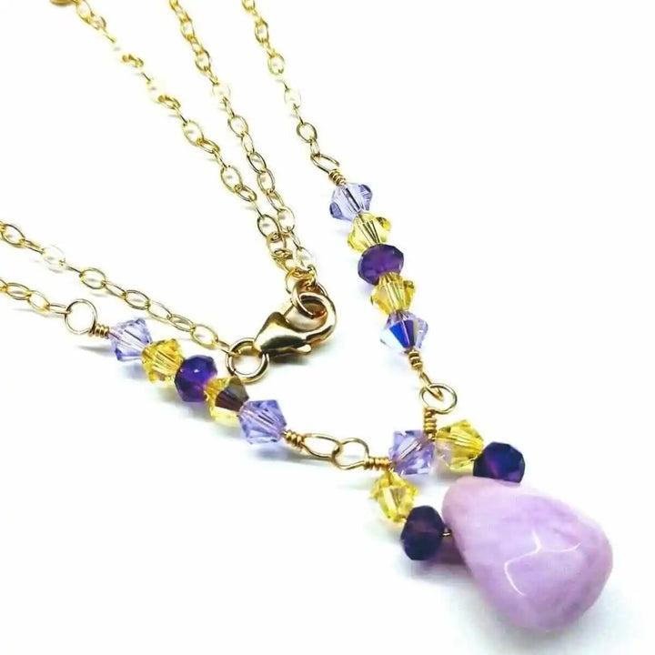 Lavender Candy Jade Drop Gold Wire Wrapped Necklace with lavender-pink candy jade teardrop and Swarovski crystals.