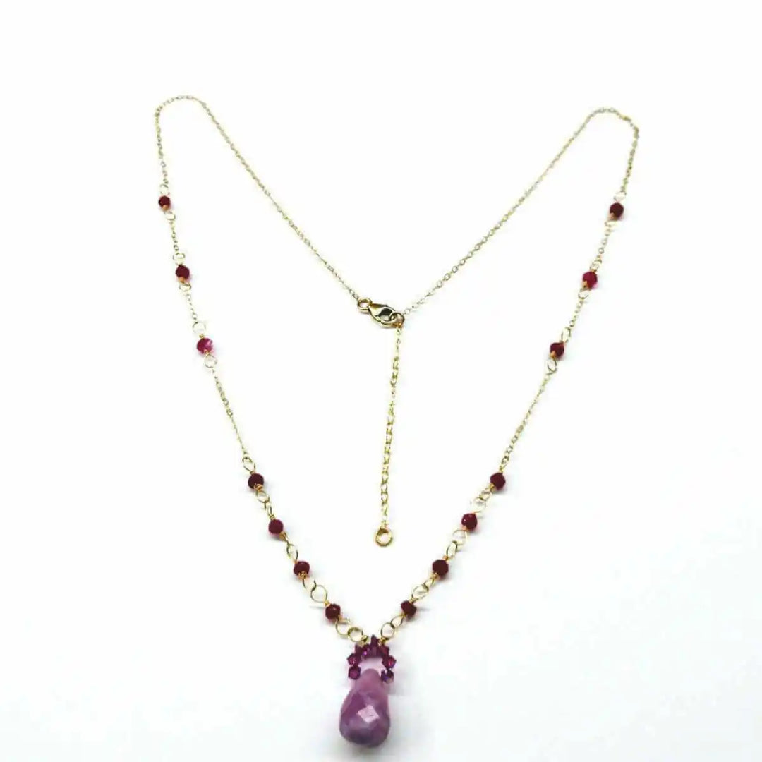 Lilac Jade Drop Gemstone Wire Wrapped Gold Filled Necklace showcasing a lavender gemstone pendant and decorative chain.