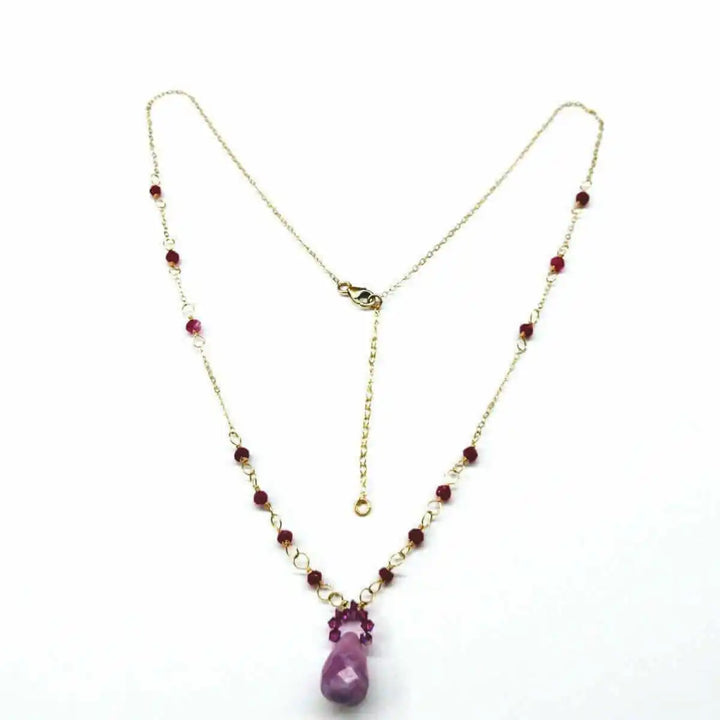 Lilac Jade Drop Gemstone Wire Wrapped Gold Filled Necklace showcasing a lavender gemstone pendant and decorative chain.