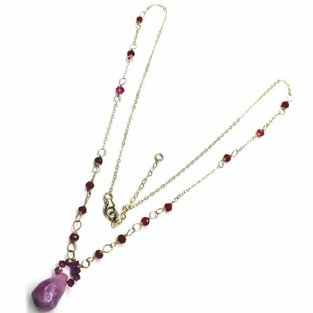 Lilac Jade Drop Gemstone Wire Wrapped Gold Filled Necklace showcasing handcrafted elegance with a lavender gemstone.