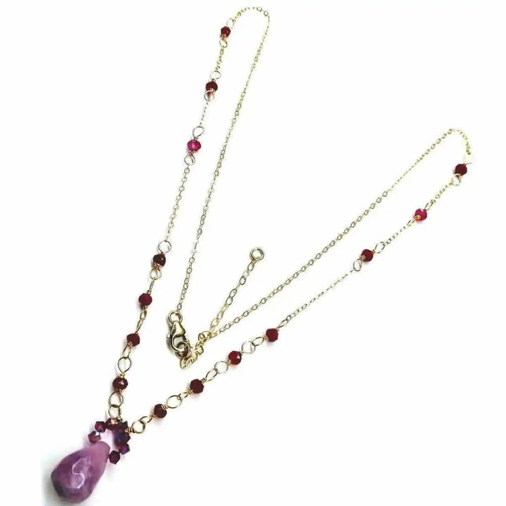 Lilac Jade Drop Gemstone Wire Wrapped Gold Filled Necklace showcasing handcrafted elegance with a lavender gemstone.