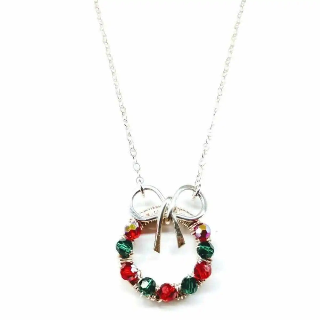 Red Green Crystal Christmas Wreath Necklace Special Edition with festive colors and elegant design.