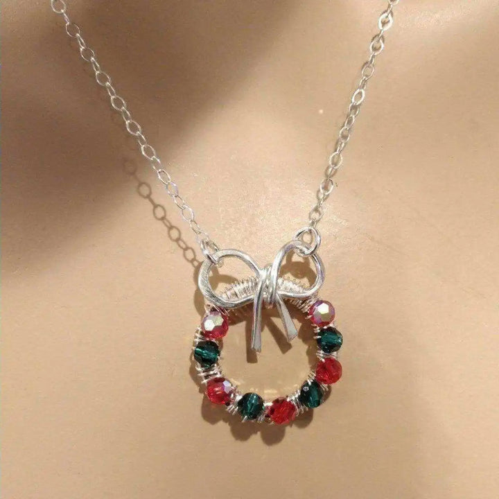 Red Green Crystal Christmas Wreath Necklace Special Edition featuring crystal beads and silver bow charm.