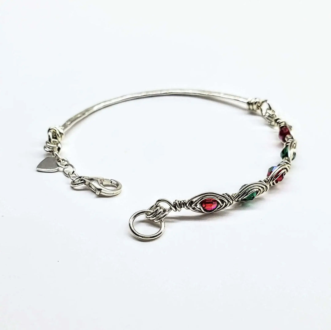 Limited Edition Red Green Christmas Holiday Tube Bracelet with Swarovski crystals and intricate wirework design.