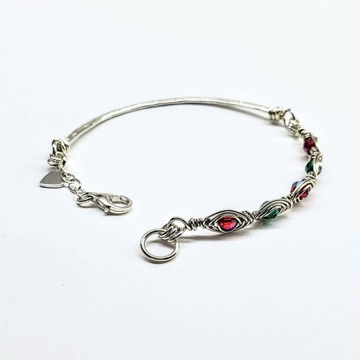Limited Edition Red Green Christmas Holiday Tube Bracelet with Swarovski crystals and intricate wirework design.