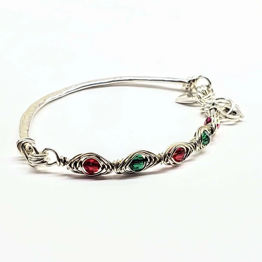 Limited Edition Red Green Christmas Holiday Tube Bracelet with Swarovski crystals in ruby red and emerald green.