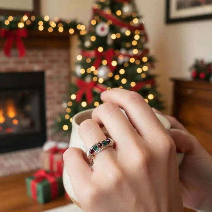 Limited edition 2026 silver wire wrapped Christmas ring worn by a person holding a mug in front of a festive Christmas tree.