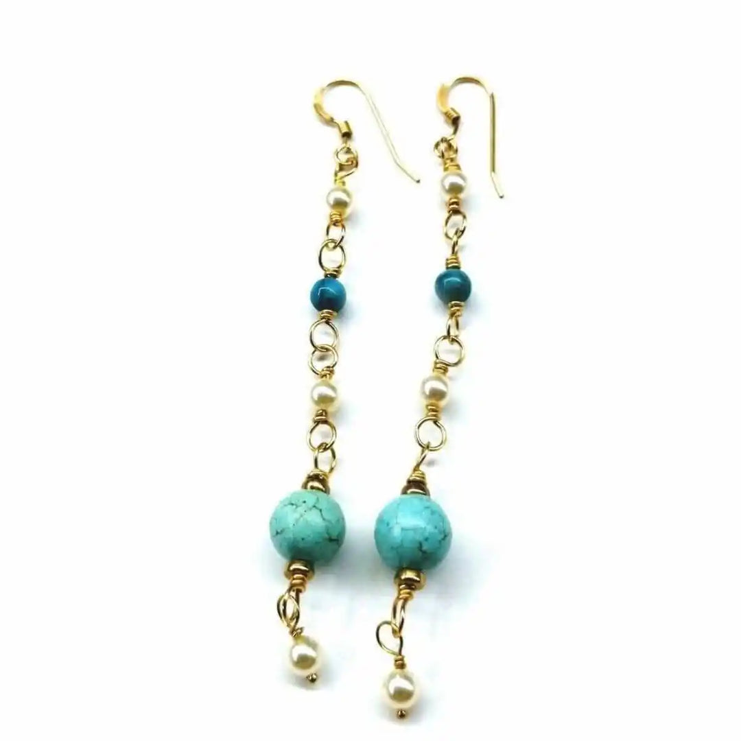 Long 14 K Gold Filled Turquoise Pearl Earrings featuring turquoise and pearl accents on gold wire.