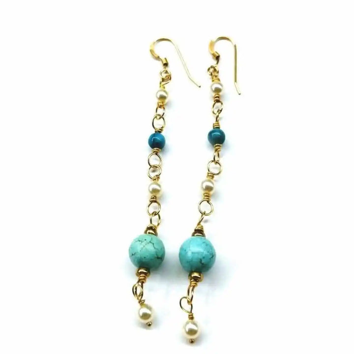 Long 14 K Gold Filled Turquoise Pearl Earrings featuring turquoise and pearl accents on gold wire.