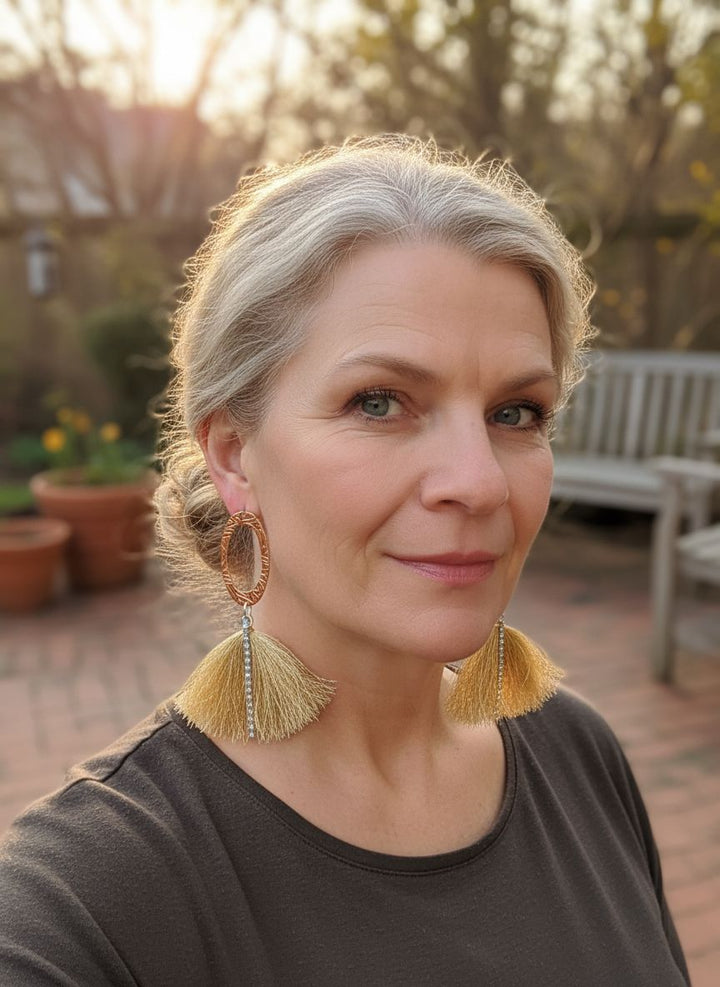 AMD1294Long Copper Oval Embossed Metal Thread Tassel EarringsJewelryEarrings$ 63.00Alexa Martha Designs