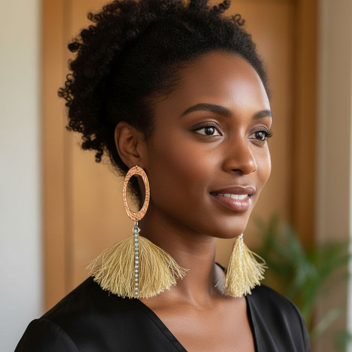 AMD1294Long Copper Oval Embossed Metal Thread Tassel EarringsJewelryEarrings$ 63.00Alexa Martha Designs