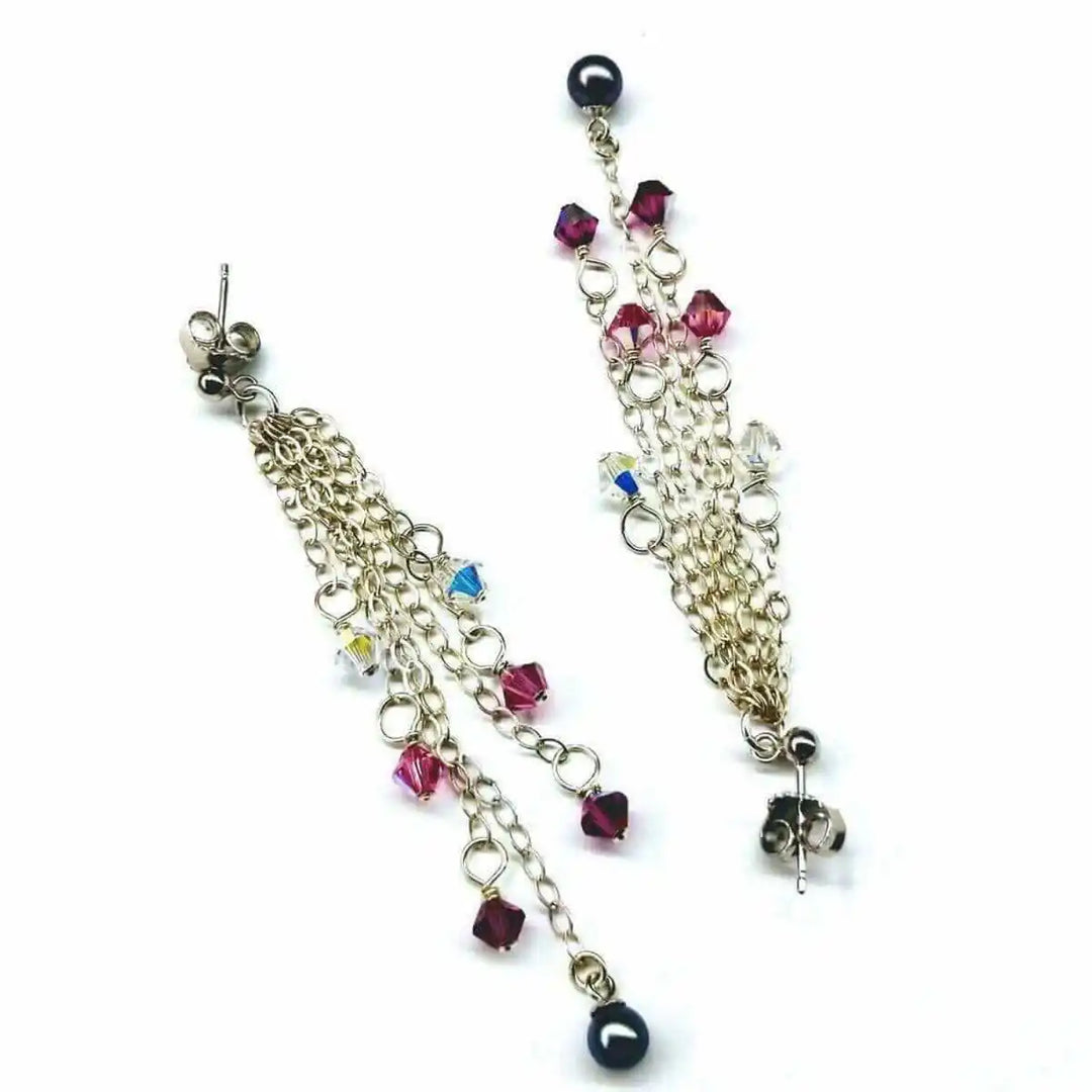Long Sterling Silver Crystal Pearl Tassel Earrings with cascading chains and colorful crystals.