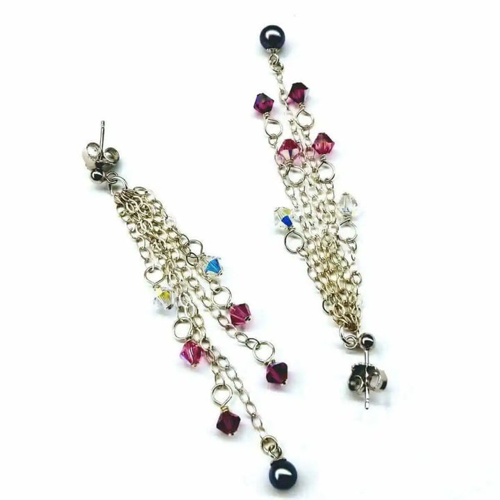 Long Sterling Silver Crystal Pearl Tassel Earrings with cascading chains and colorful crystals.