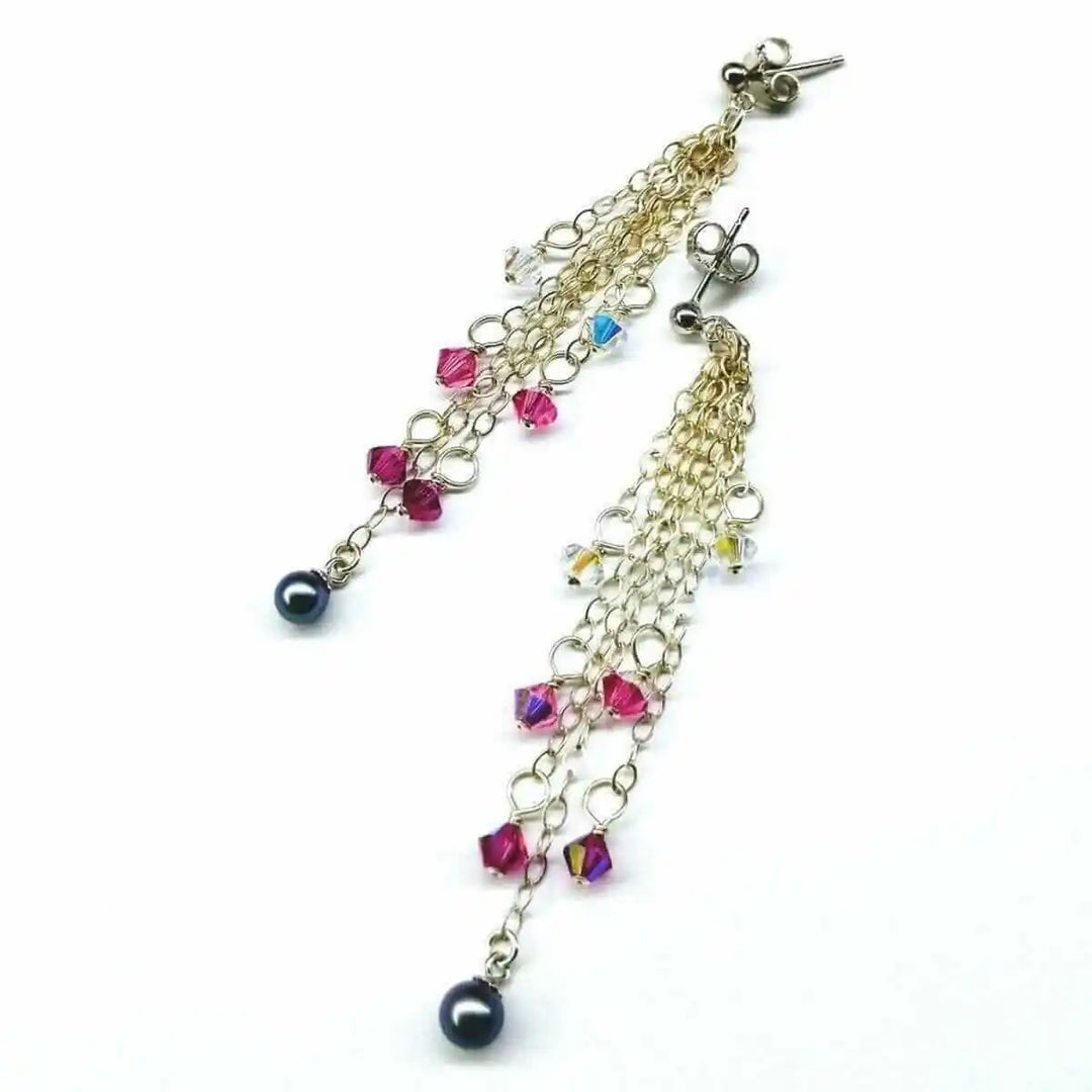 Long Sterling Silver Crystal Pearl Tassel Earrings featuring cascading chains and colorful beads.