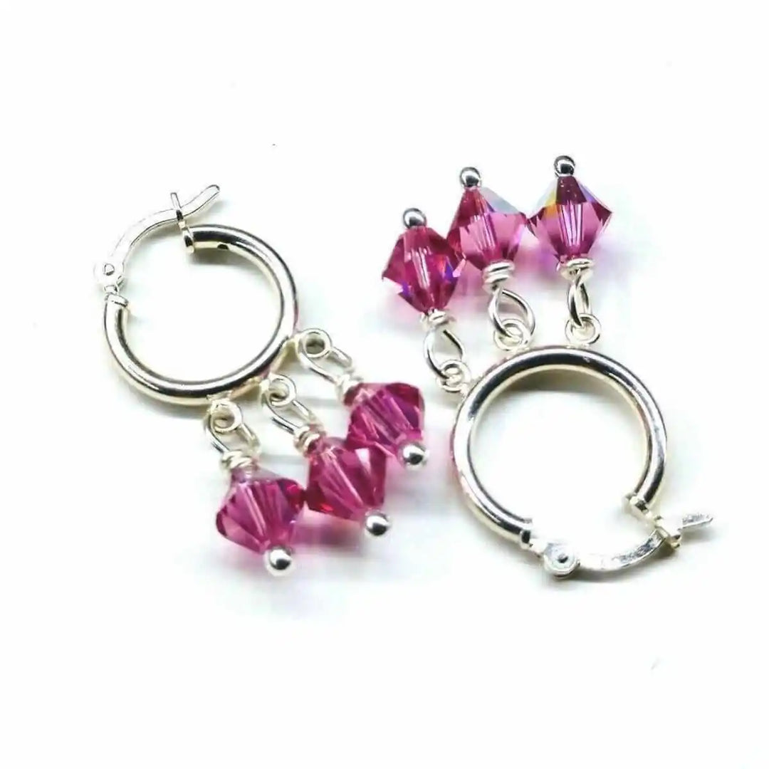 Mini Sterling Silver Hoop Pink Crystal Dangle Earrings with pink Swarovski crystals on sterling silver hoops
