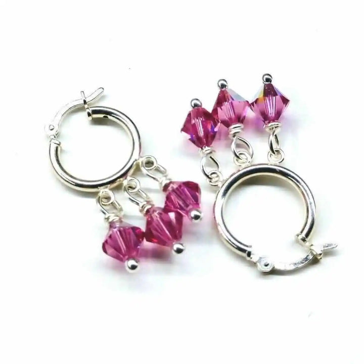 Mini Sterling Silver Hoop Pink Crystal Dangle Earrings with pink Swarovski crystals on sterling silver hoops