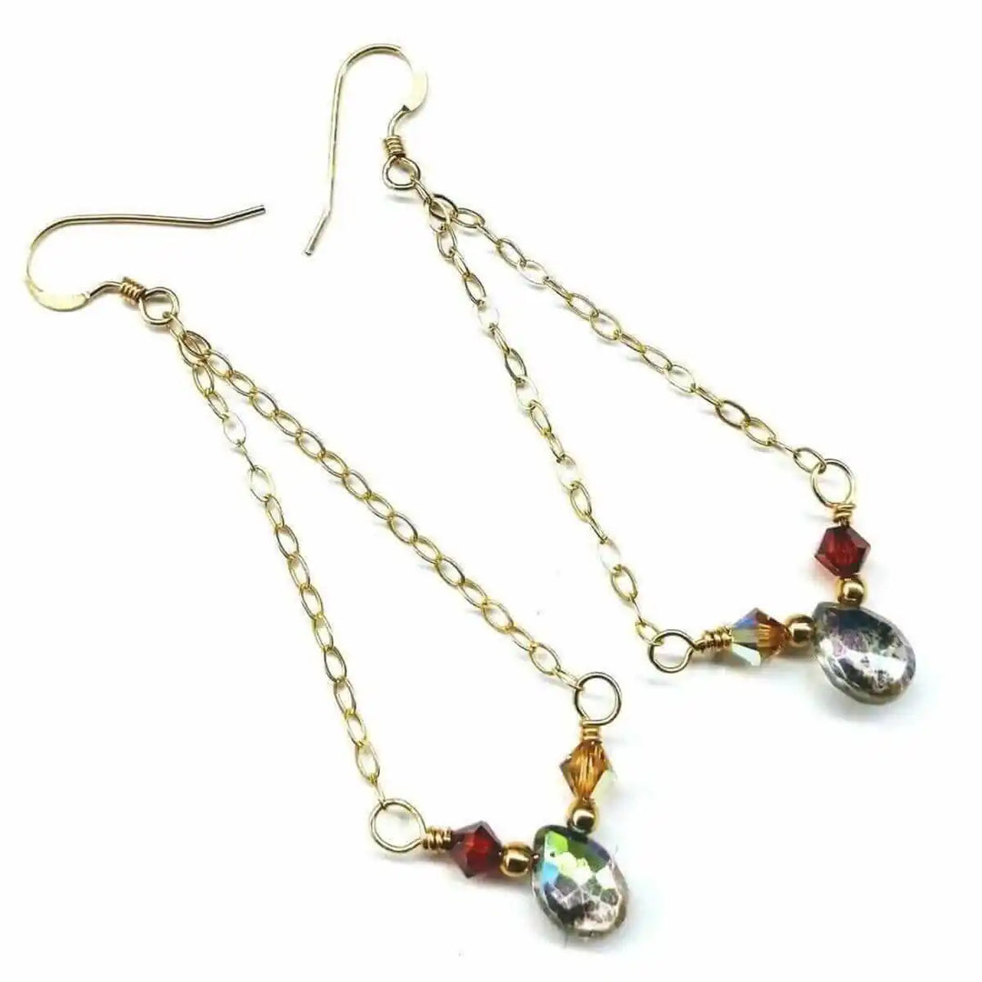 mystic rainbow quartz drop gold filled earrings featuring intricate chain and colorful gemstones accent.