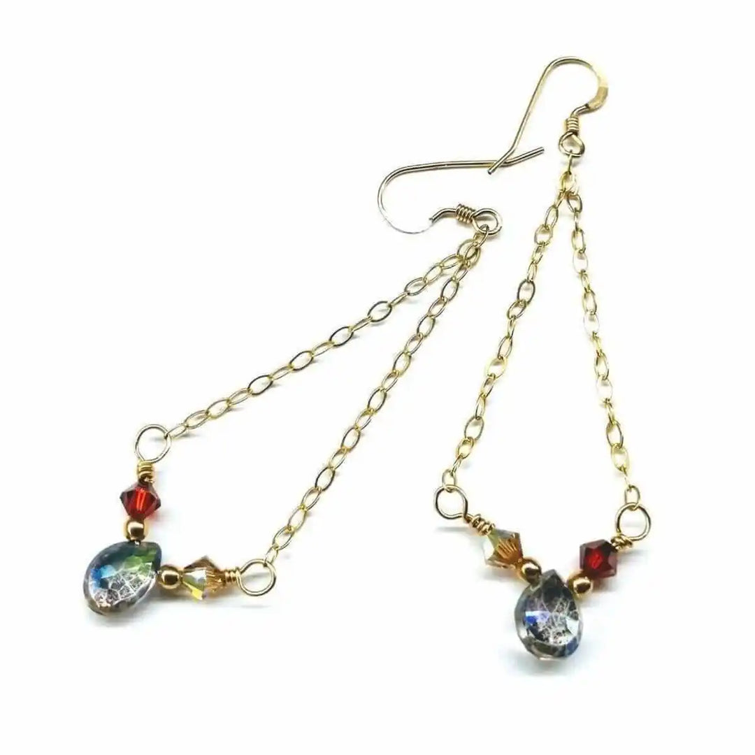Stunning mystic rainbow quartz drop gold filled earrings with Swarovski crystals and gold chains.