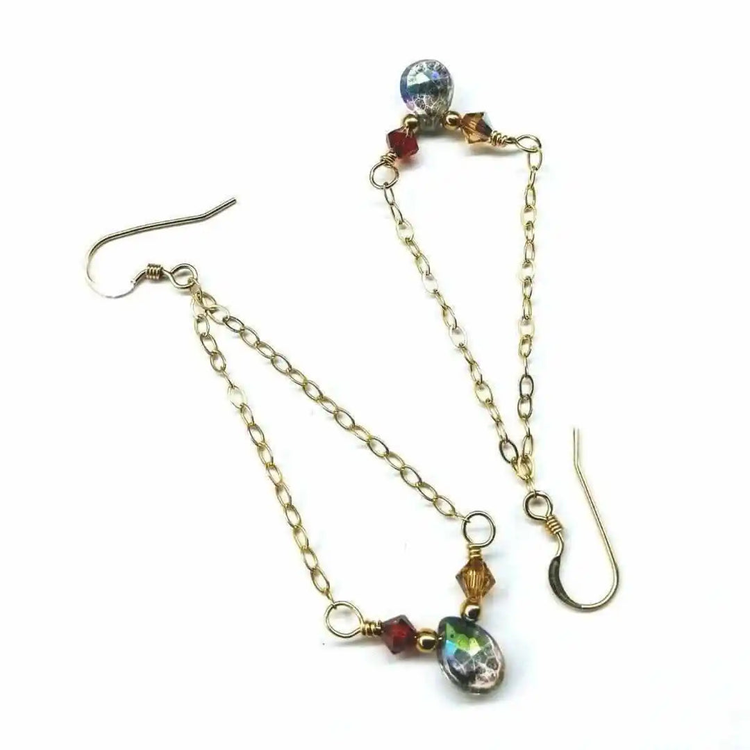 Mystic rainbow quartz drop gold filled earrings featuring shimmering gemstones and gold filled components.