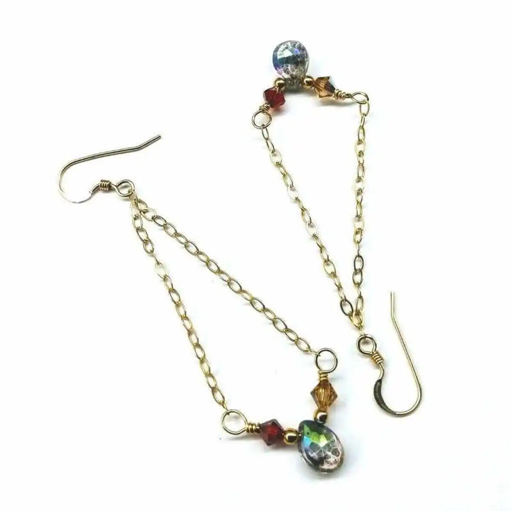 Mystic rainbow quartz drop gold filled earrings featuring shimmering gemstones and gold filled components.