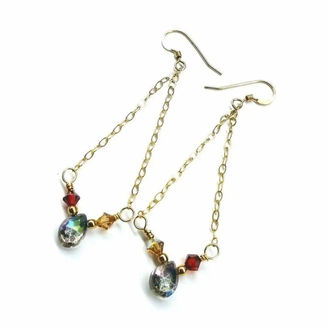 Mystic Rainbow Quartz Drop Gold Filled Earrings with Swarovski crystals and gold chain accents.