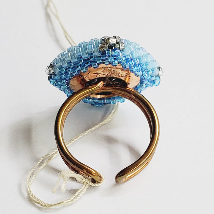 Adjustable Copper Aqua Crystal Bezel Shank Button Ring AS SEEN ON Asia Monet Ray