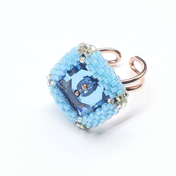 Adjustable Copper Aqua Crystal Bezel Shank Button Ring AS SEEN ON Asia Monet Ray