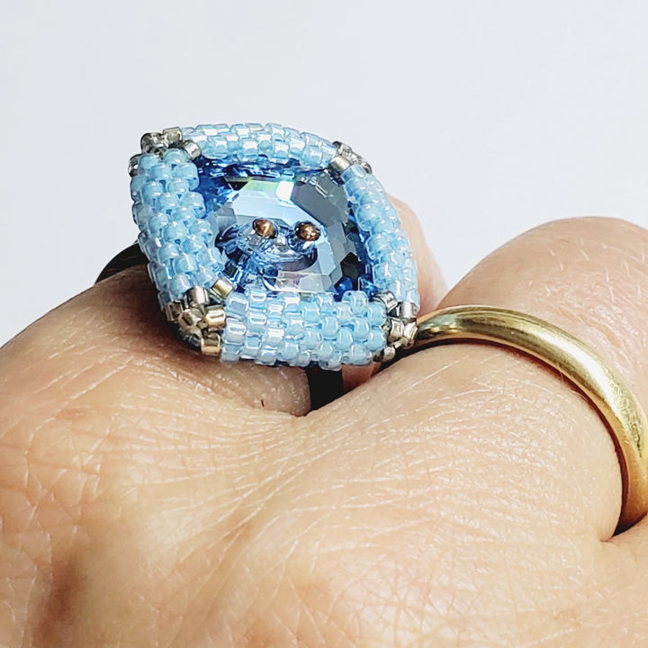 Adjustable Copper Aqua Crystal Bezel Shank Button Ring AS SEEN ON Asia Monet Ray