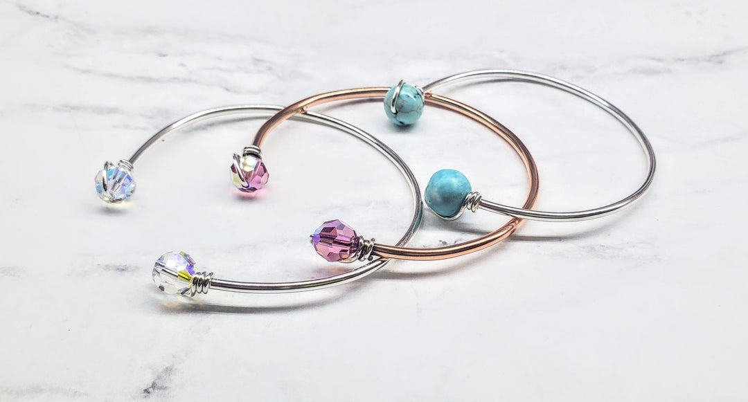 Handmade Silver Wire Wrapped Bead Ball End Cuff Bangles