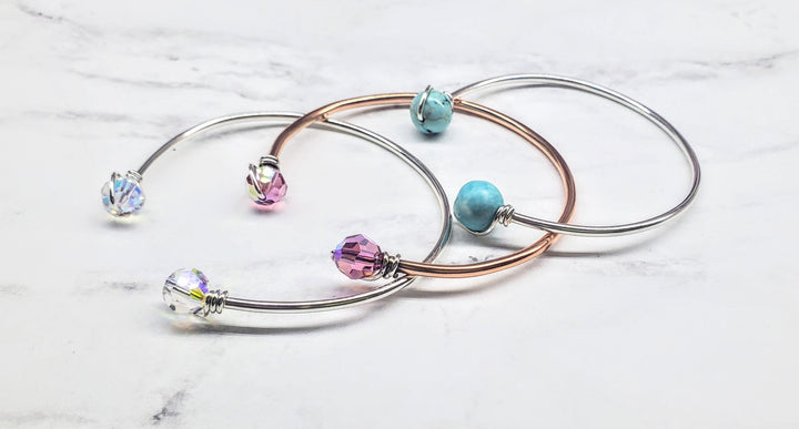 Handmade Silver Wire Wrapped Bead Ball End Cuff Bangles