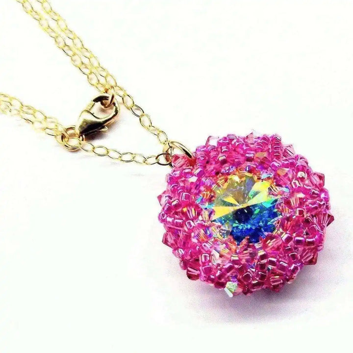 Pink Beaded Super Sparkly Rivoli Crystal Necklace with golden chain and colorful crystal centerpiece.