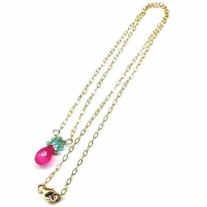 Gold Filled Pink and Aqua Gemstone Crystal Chain Necklace featuring a vibrant pink drop and sparkling crystals