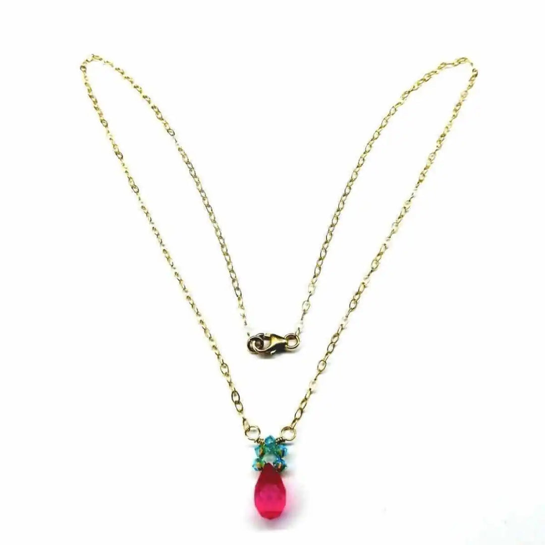 Gold Filled Pink and Aqua Gemstone Crystal Chain Necklace featuring a hot pink chalcedony drop and sparkling accents.