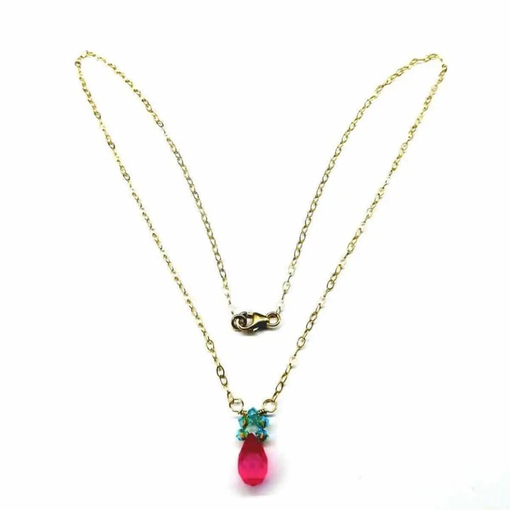 Gold Filled Pink and Aqua Gemstone Crystal Chain Necklace featuring a hot pink chalcedony drop and sparkling accents.