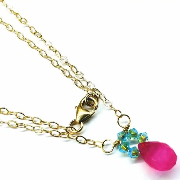 Gold Filled Pink and Aqua Gemstone Crystal Chain Necklace featuring a hot pink chalcedony drop and aqua crystals.