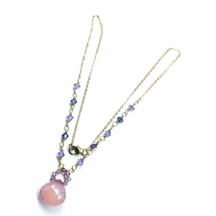 Purple Chalcedony Drop 14 KT Gold Filled Gemstone Necklace with sparkling Swarovski crystals and lavender drops.