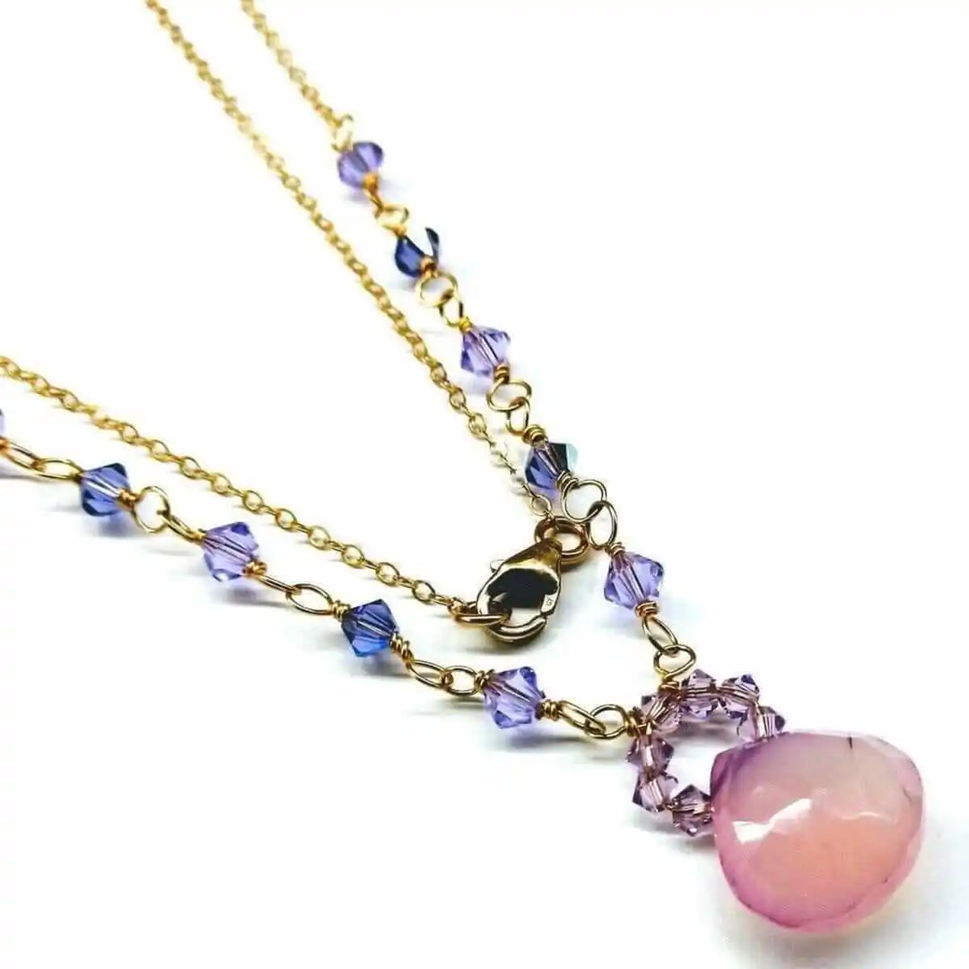 Purple Chalcedony Drop 14 KT Gold Filled Gemstone Necklace with lavender chalcedony drops and Swarovski crystals.