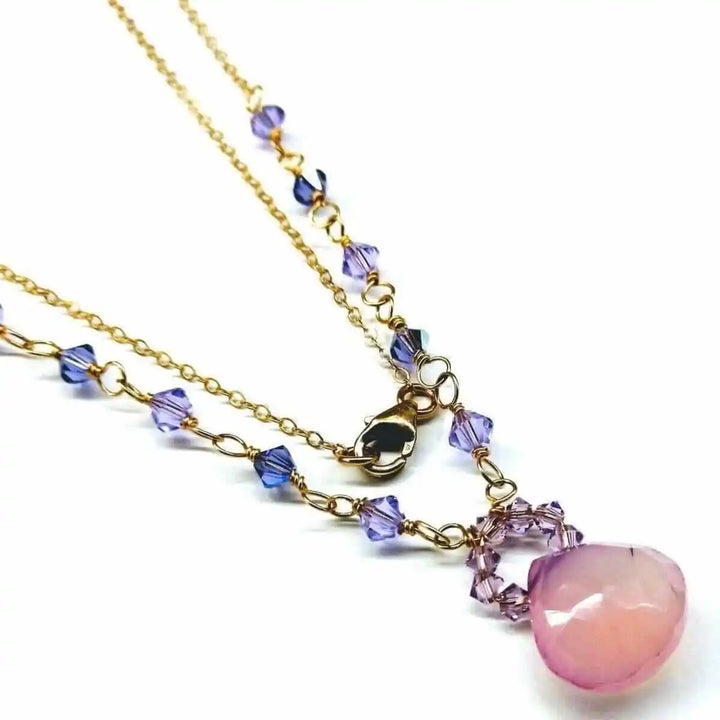 Purple Chalcedony Drop 14 KT Gold Filled Gemstone Necklace with lavender chalcedony drops and Swarovski crystals.