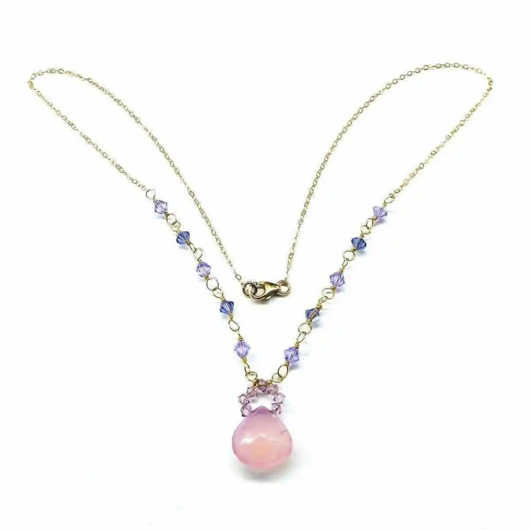 Purple Chalcedony Drop 14 KT Gold Filled Gemstone Necklace featuring lavender chalcedony drops and Swarovski crystals.