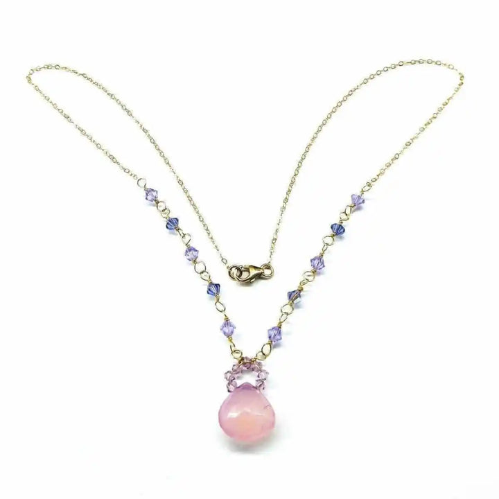 Purple Chalcedony Drop 14 KT Gold Filled Gemstone Necklace featuring lavender chalcedony drops and Swarovski crystals.