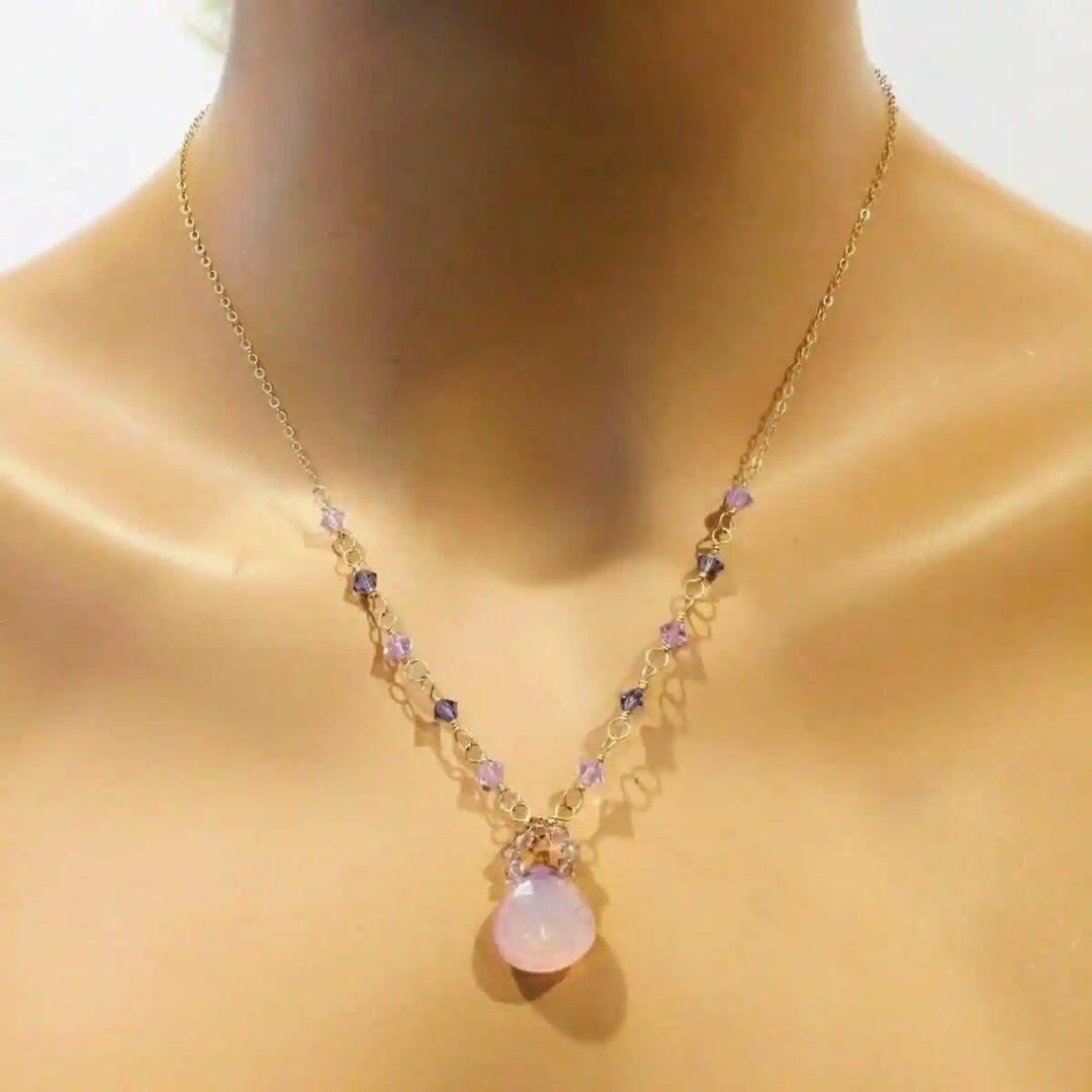 Purple Chalcedony Drop 14 KT Gold Filled Gemstone Necklace featuring lavender chalcedony and Swarovski crystals.