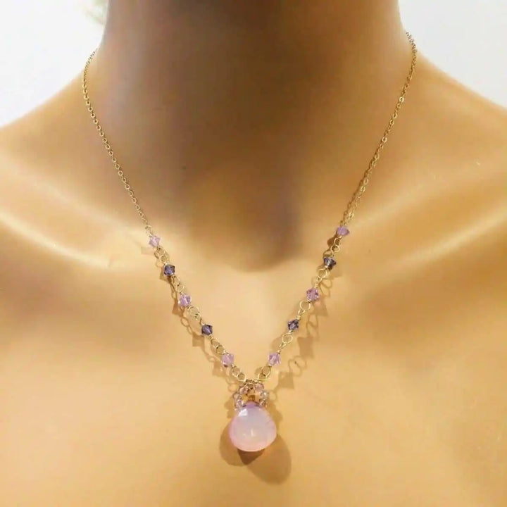 Purple Chalcedony Drop 14 KT Gold Filled Gemstone Necklace featuring lavender chalcedony and Swarovski crystals.