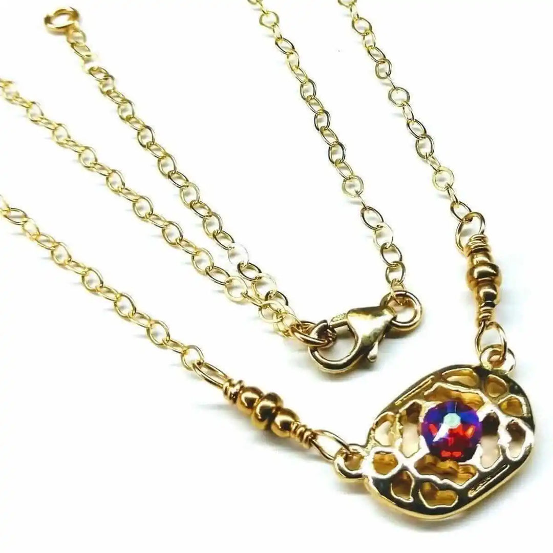 Red Crystal 14 K Gold Filled Adjustable Filigree Choker featuring gold chain and colorful Swarovski crystal centerpiece.