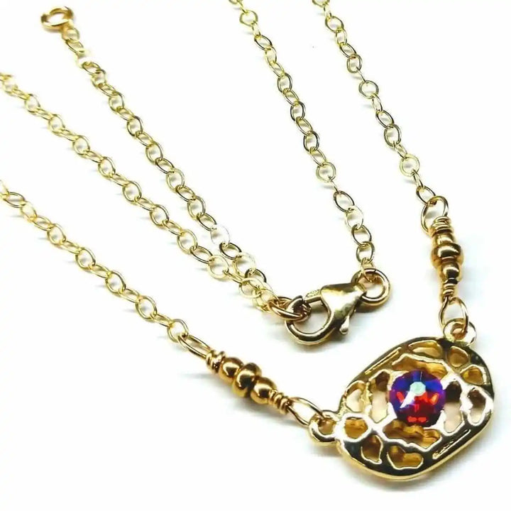 Red Crystal 14 K Gold Filled Adjustable Filigree Choker featuring gold chain and colorful Swarovski crystal centerpiece.