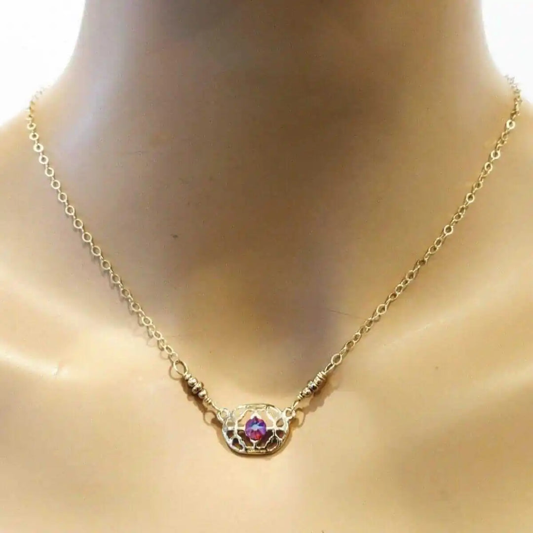 Red Crystal 14 K Gold Filled Adjustable Filigree Choker displayed on a model&