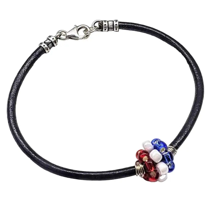 Patriotic Red White Blue Beaded Bead Leather Bracelet with Swarovski crystals and leather band.