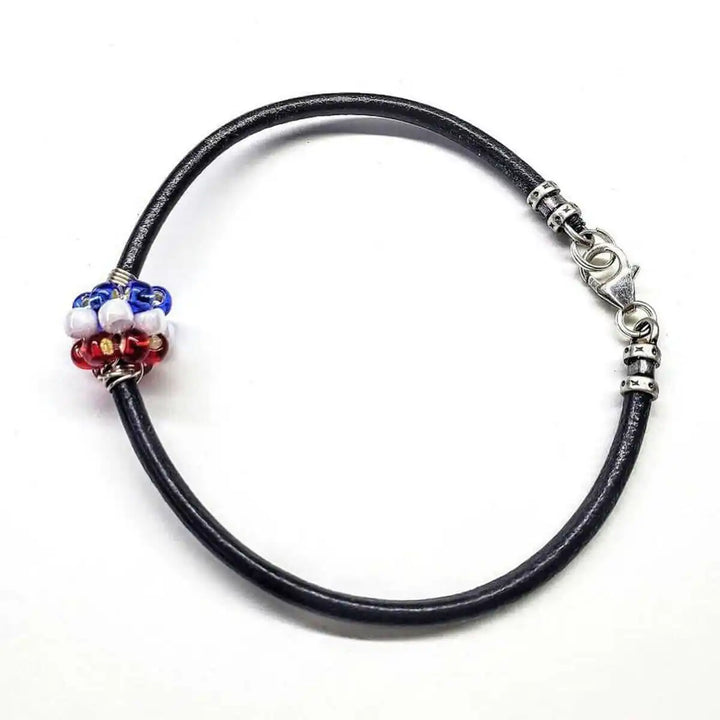 Patriotic Red White Blue Beaded Bead Leather Bracelet showcasing vibrant colors and stylish design.