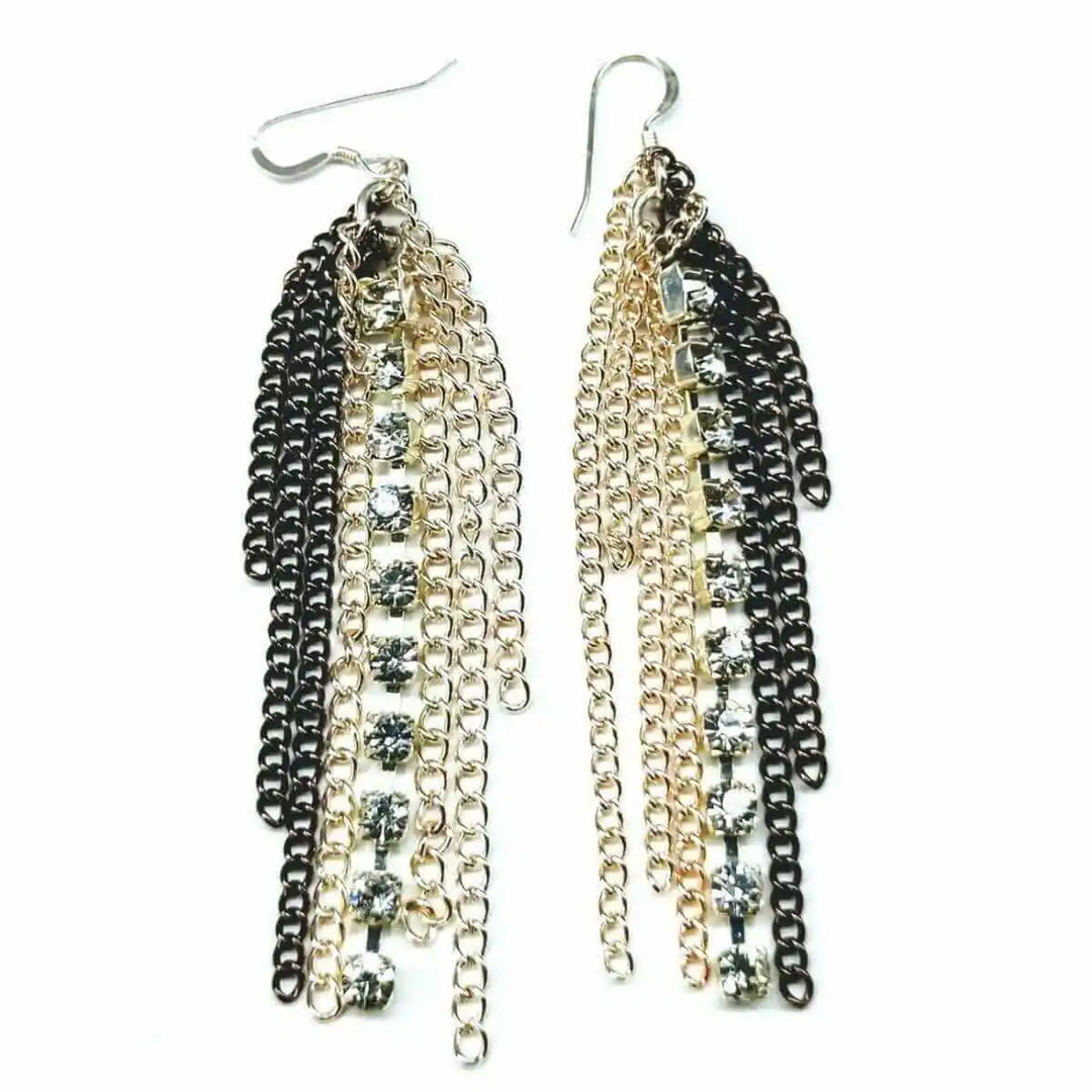 Rhinestone Crystal Chain Fringe Earrings featuring cascading mixed metal chains and sparkling rhinestones for dramatic flair.