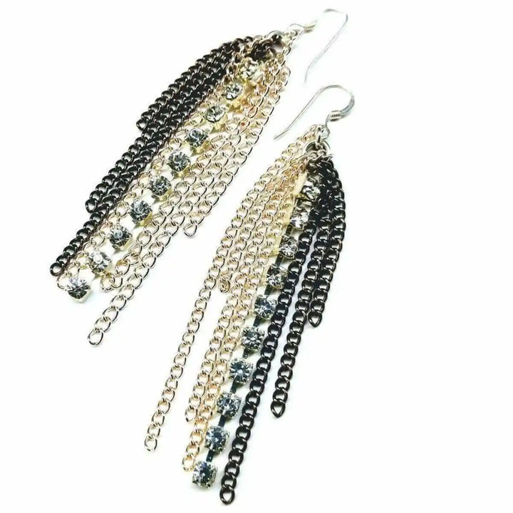 Rhinestone Crystal Chain Fringe Earrings showcasing cascading chains and sparkling rhinestone crystals.